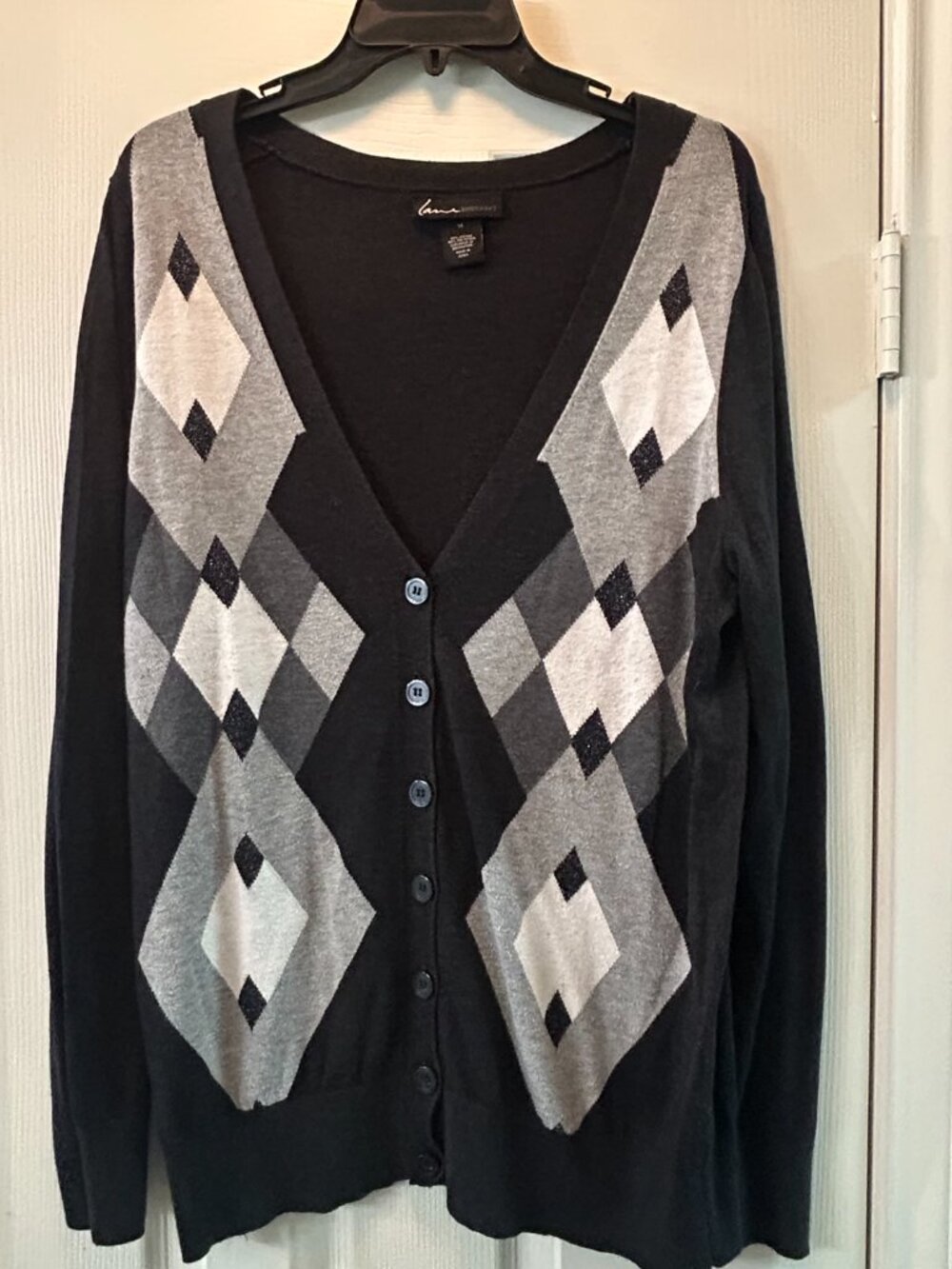 Lane Bryant Black Gray Argyle Button Front Cardigan Size 14